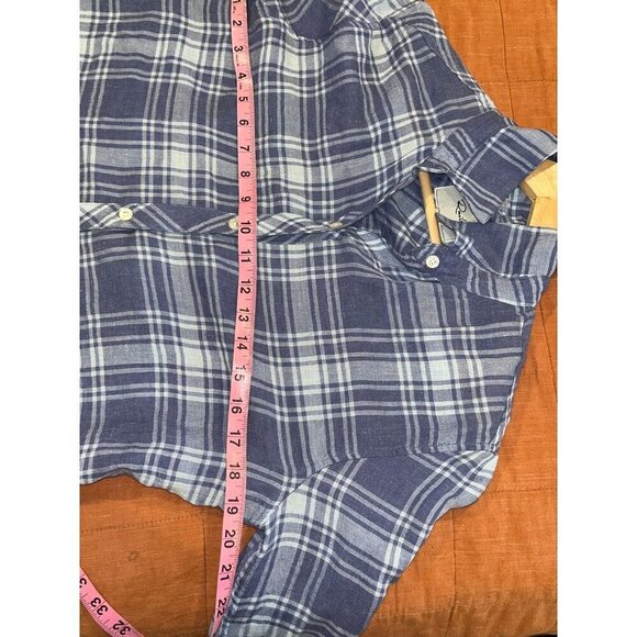 rails sky blue linen blend plaid button down top flowy frayed hem sleeve size XS - Picture 6 of 10